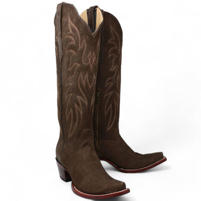 Women's Wild West Snip Toe Suede Leather Boots with Zipper - Chocolate