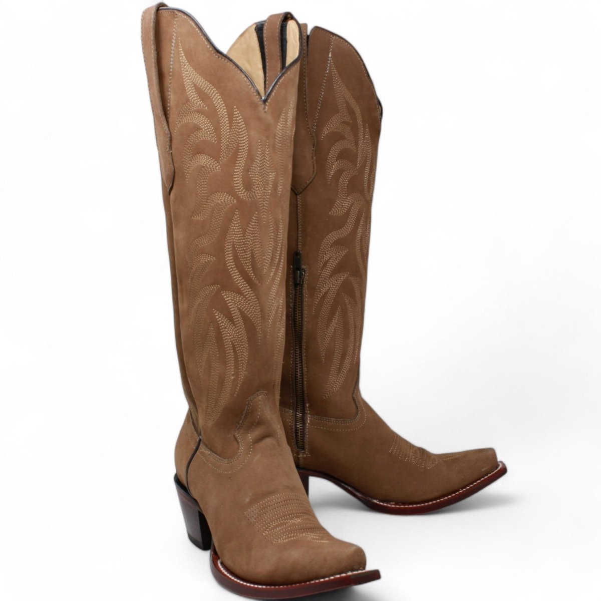Women's Wild West Snip Toe Suede Leather Boots with Zipper - Taupe - 5