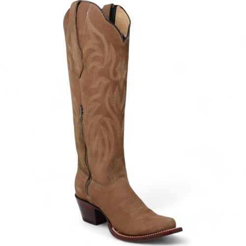 Women's Wild West Snip Toe Suede Leather Boots with Zipper - Taupe