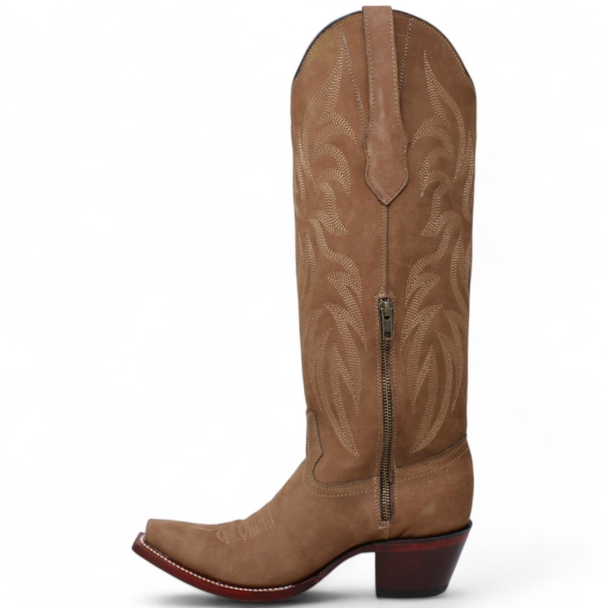 Women's Wild West Snip Toe Suede Leather Boots with Zipper - Taupe - 5
