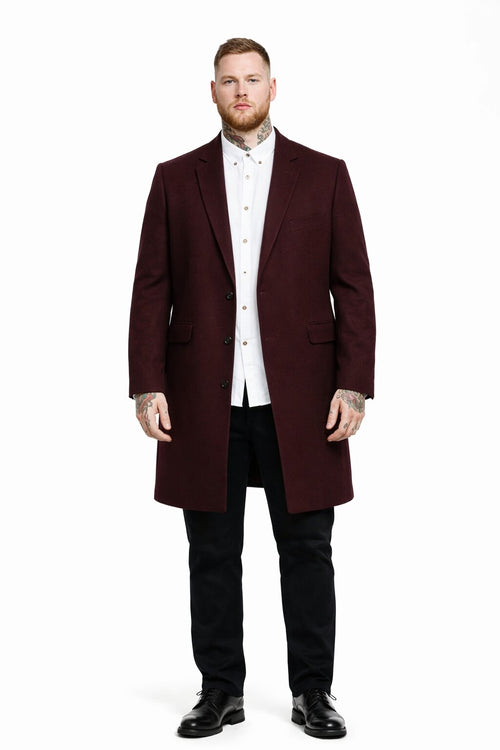 Mens Notch Lapel Wool Burgundy Wine Car Coat