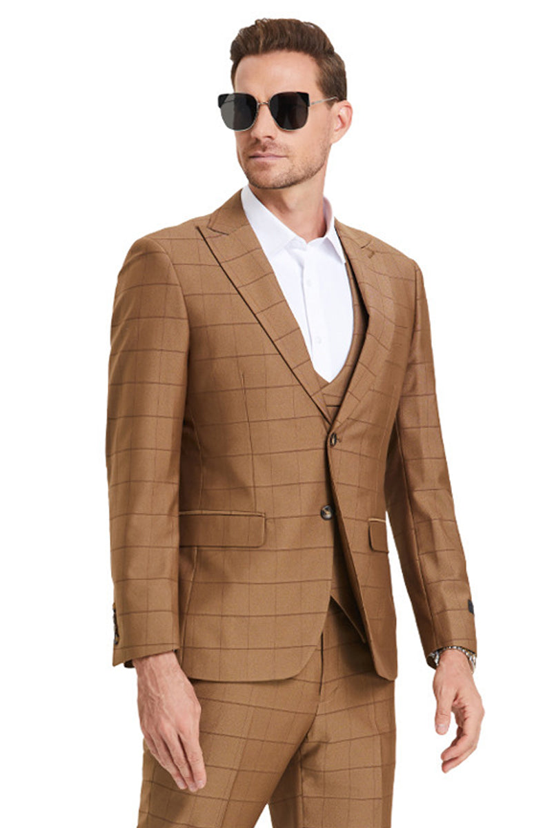 "Sharkskin Suit Men's Two Button Vested Peak Lapel in Camel Windowpane Plaid" - 34 Short