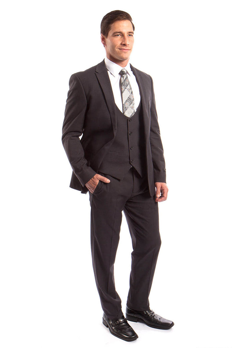 "Dark Grey Men's Skinny Wedding Suit - One Button Peak Lapel with Lowcut Vest"
