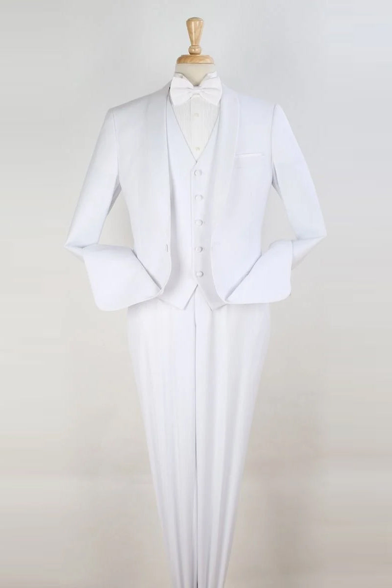 "White Modern Fit Shawl Tuxedo - Men's One Button Vested Suit"
