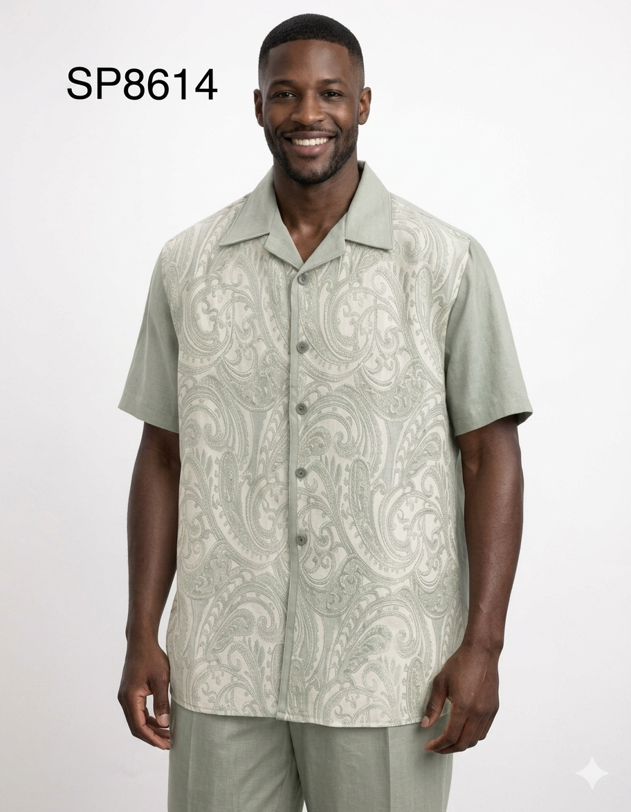 Men’s Sage Paisley Walking Suit Set – 2 Piece Short Sleeve Casual Outfit - S