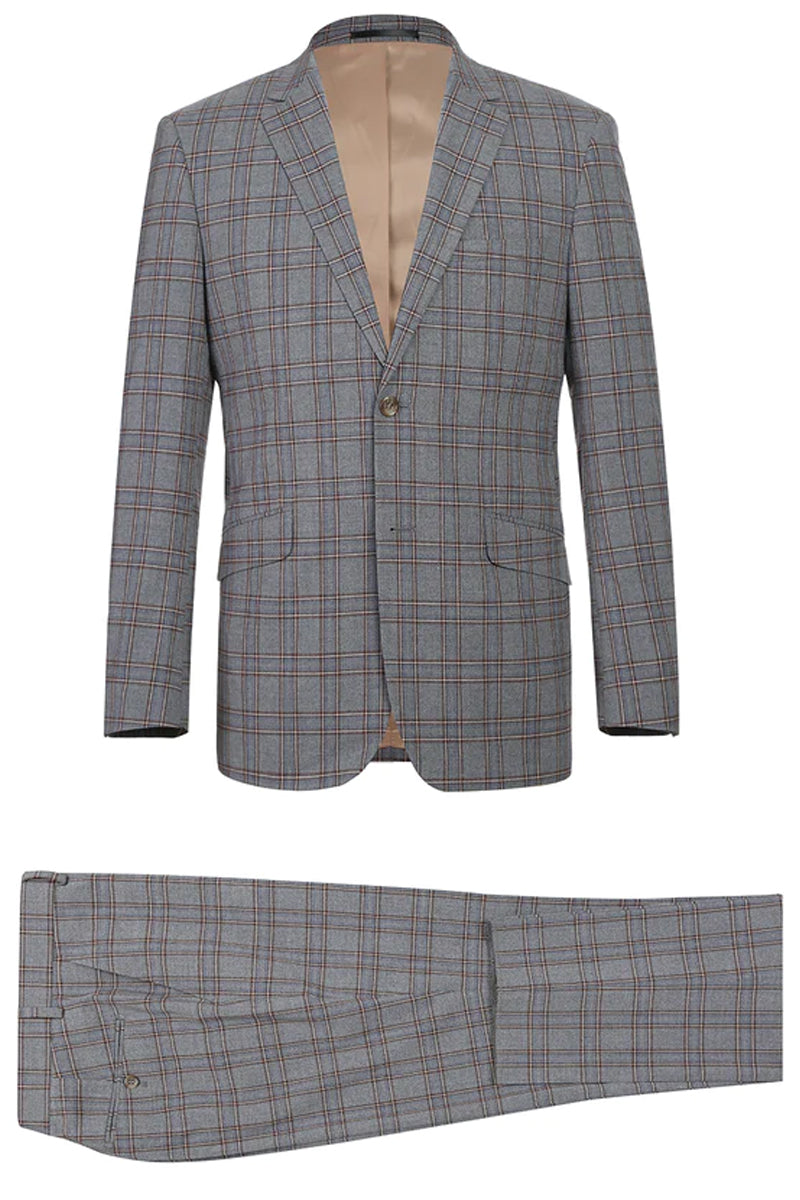 "Grey & Bronze Windowpane Plaid Slim Fit Two Button Men's Suit" - 34 Short
