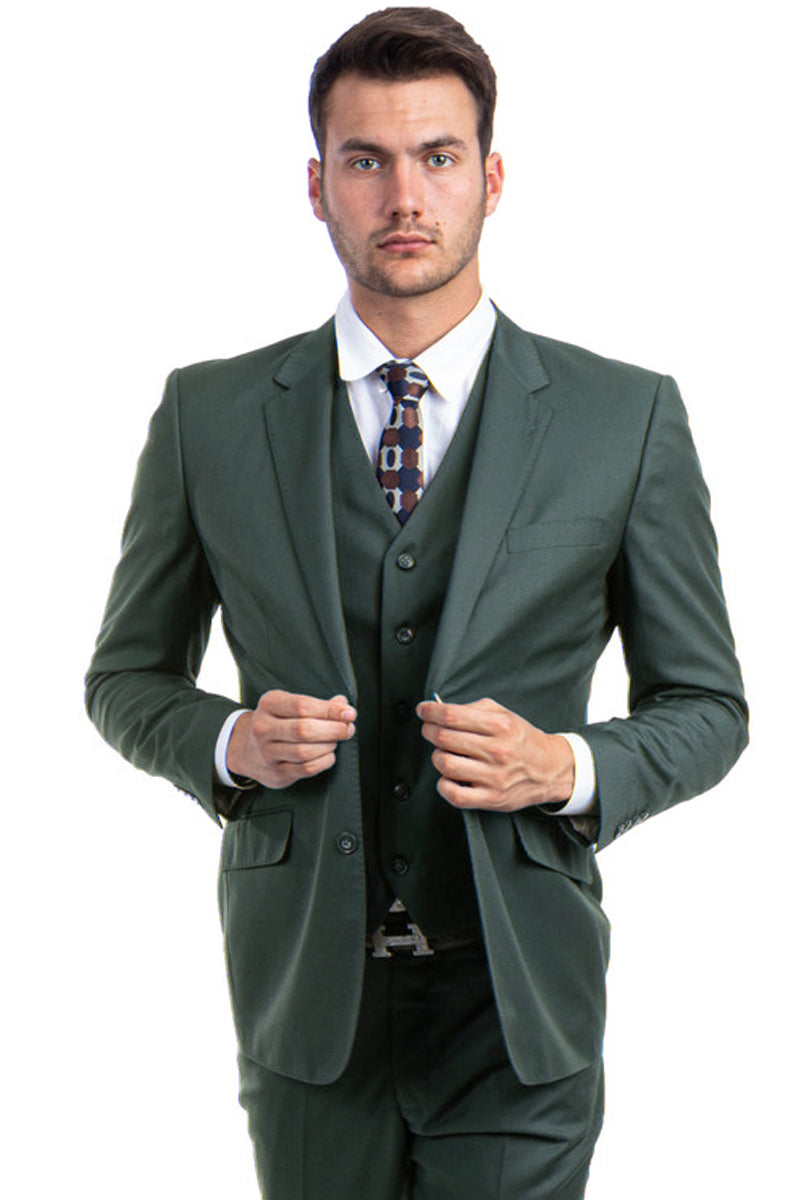 "Olive Green Men's Designer Wool Suit - Modern Fit, Two Button Vested"