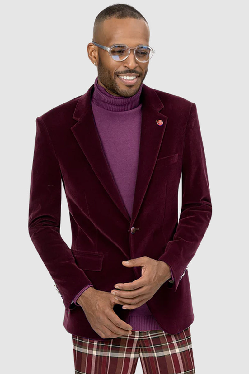 "Burgundy Velvet Blazer for Men - Modern Fit Two Button Style"