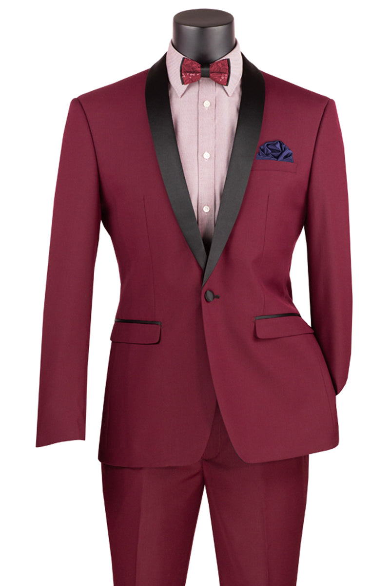 Burgundy Men's Slim Fit Tuxedo with Shawl Collar - 36 Short