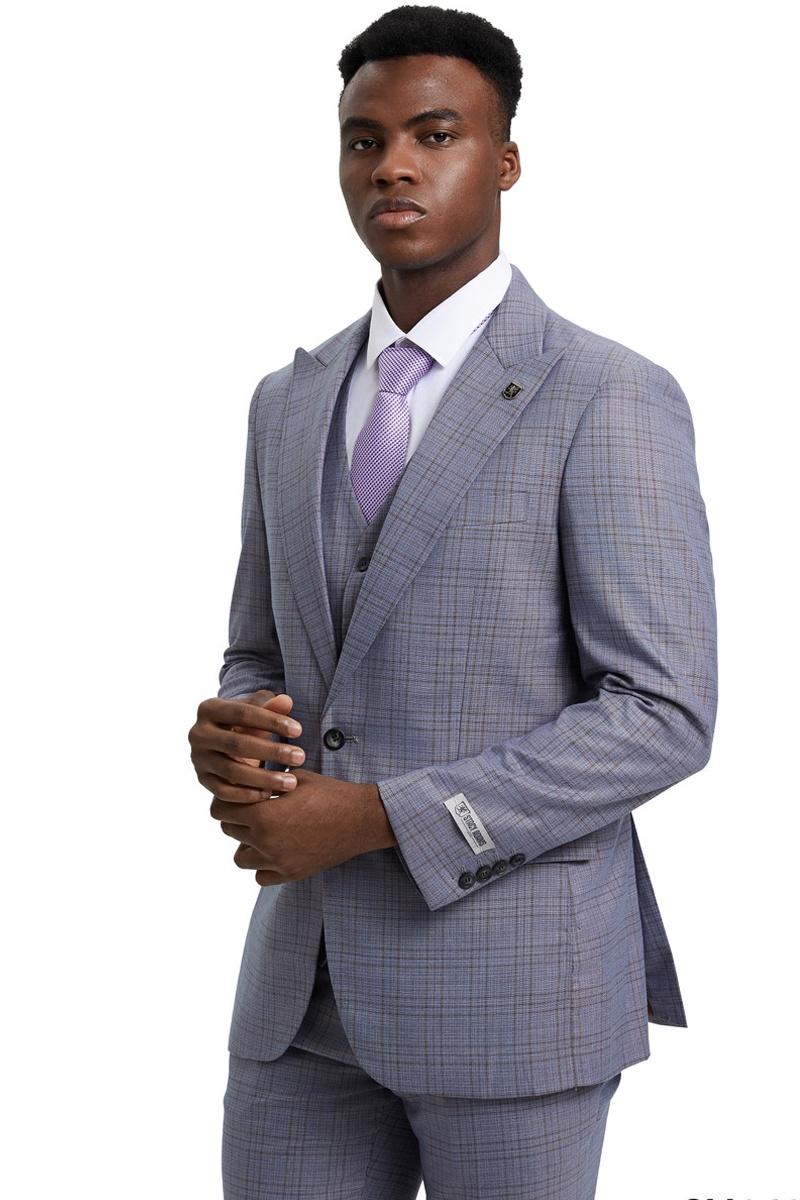 Men's Stacy Adams Vested One Button Wide Peak Lapel Windowpane Plaid Suit in Light Grey - 38 Regular