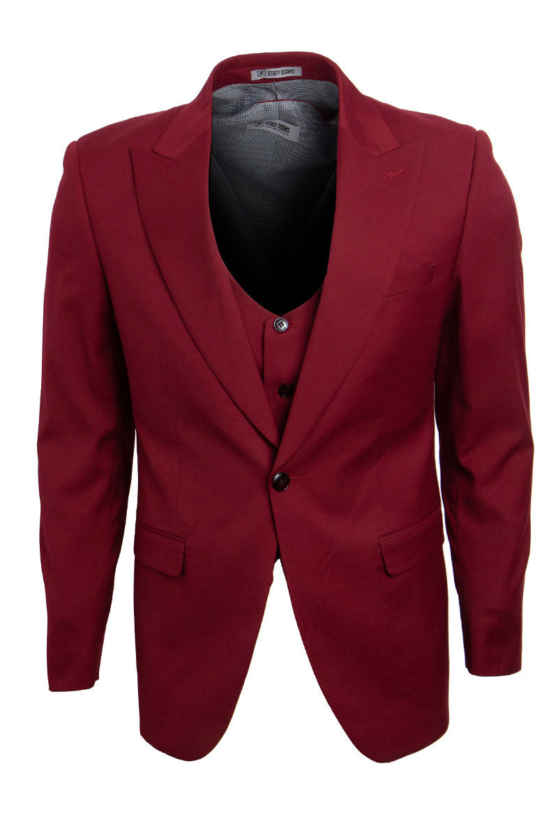 "Stacy Adams Suit Men's Vested Suit - Cherry Red with One Button Peak Lapel"