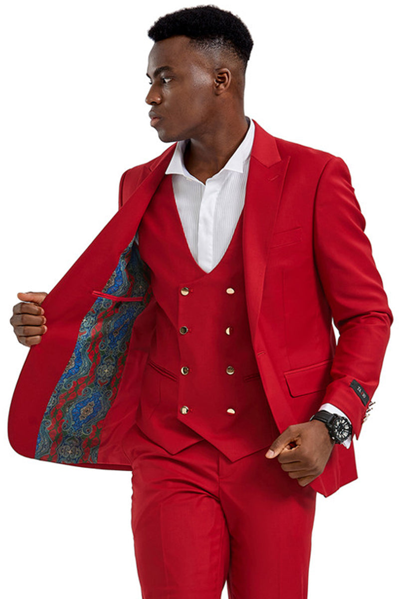 "Red Men's Suit with Gold Buttons - One Button Peak Lapel Vested"