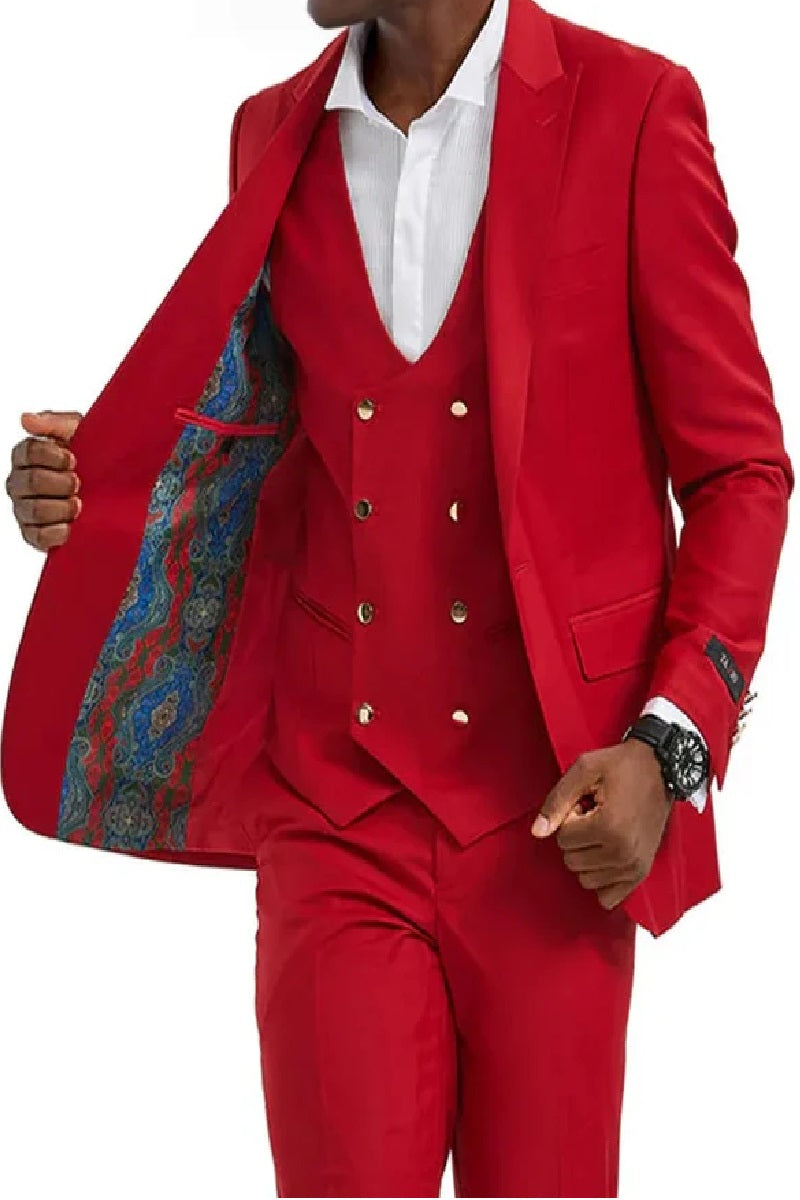 "Red Men's Suit with Gold Buttons - One Button Peak Lapel Vested" - 34 Short