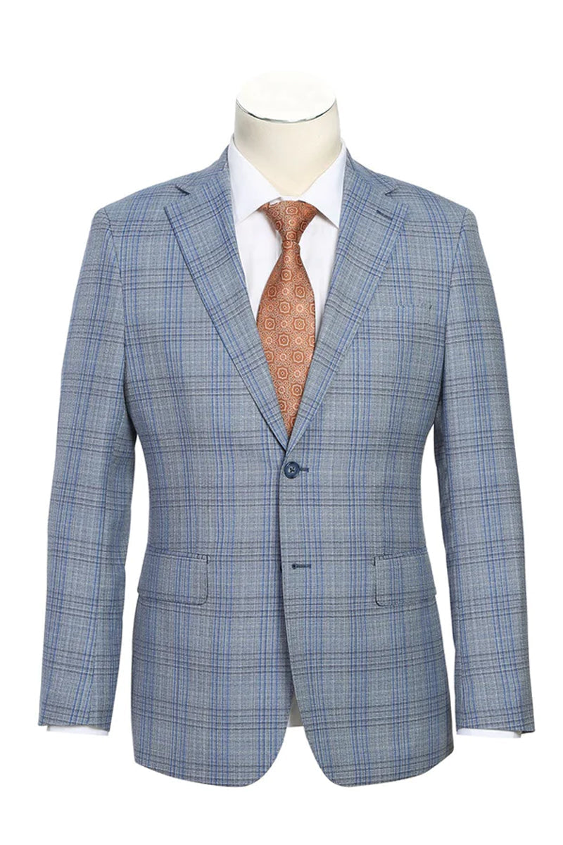 Mens Designer Two Button Slim Fit Notch Lapel Wool Suit in Light Grey & Blue Windowpane Plaid - 36S