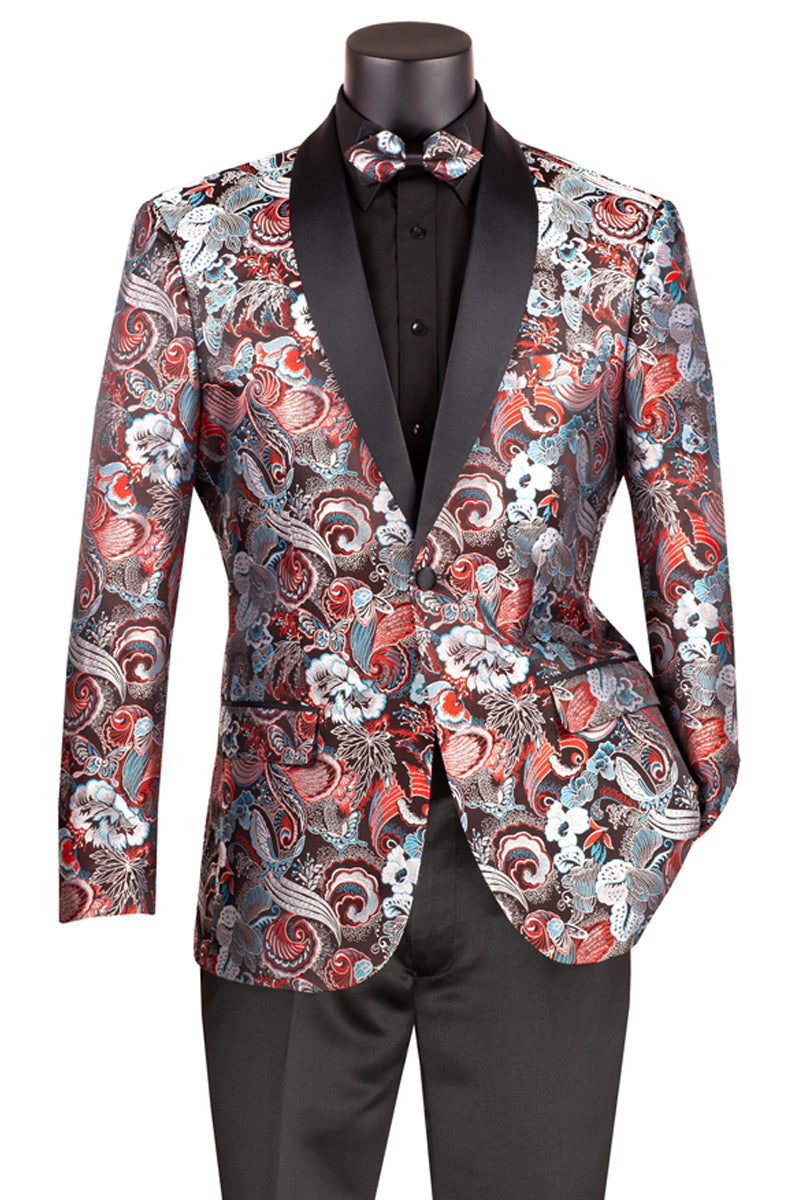 "Burgundy Men's Modern Fit Tuxedo Jacket - Japanese Paisley Print"