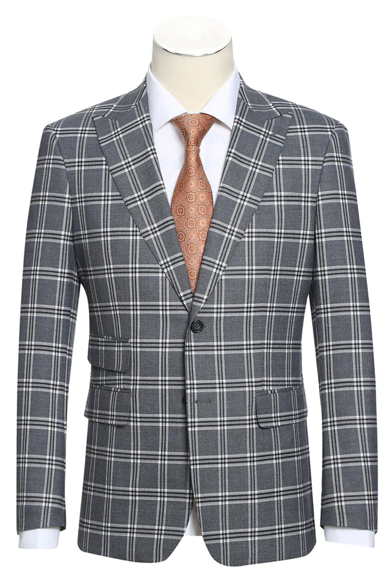 Mens Designer Slim Fit Peak Lapel Suit in Grey Windowpane Plaid - 36S