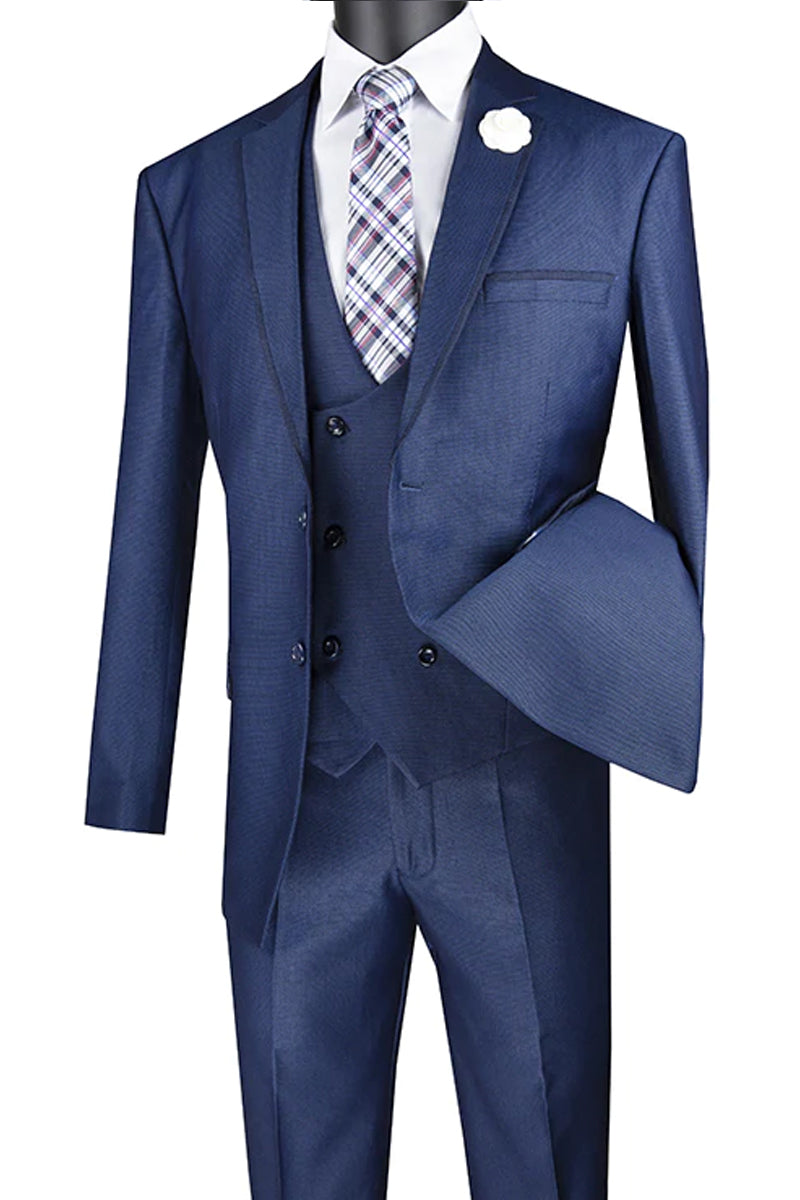 Navy Blue Men's Modern Fit Tuxedo Suit with Double-Breasted Vest - 38 Regular