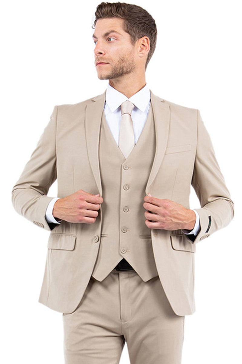 "Men's Slim Fit One Button Vested Business & Wedding Suit - Tan" - 34 Short
