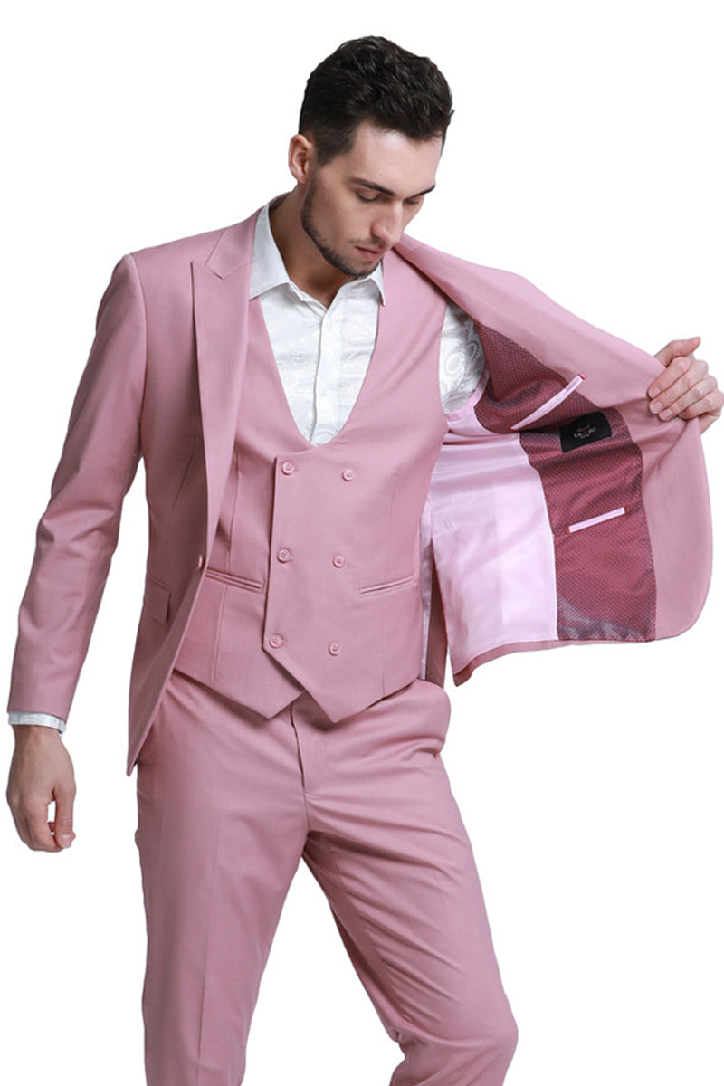 "Men's Slim Fit Wedding Suit - Mauve Pink Double Breasted Vest with Peak Lapel"