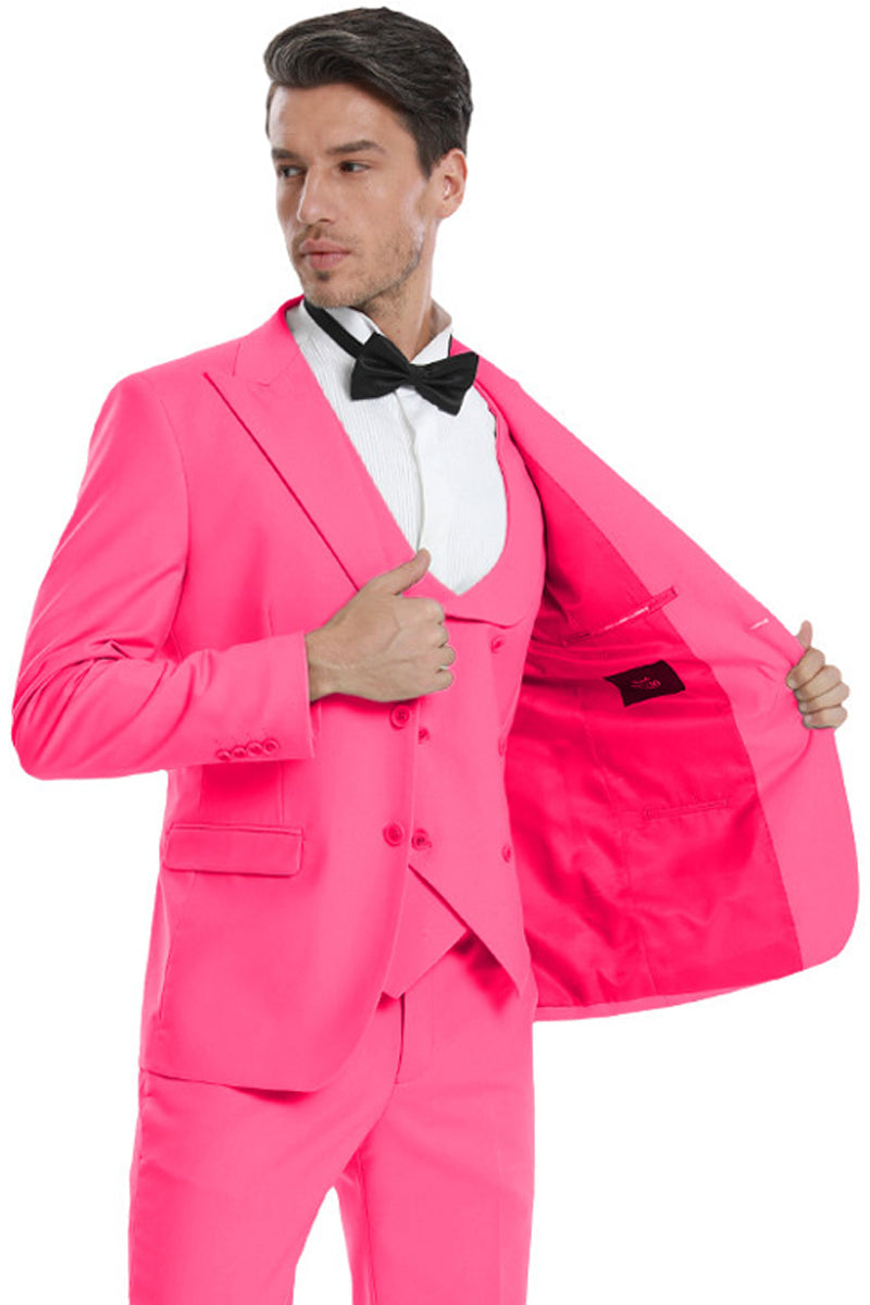 "Fuchsia Pink Men's Wedding & Prom Suit - Two Button Vested Peak Lapel"