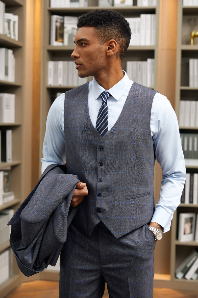 "Mens Stacy Adams Suit - Stacy Adams Suit Men's Grey & Blue Windowpane Plaid Suit - One Button Vested Peak Lapel" - 36 Short