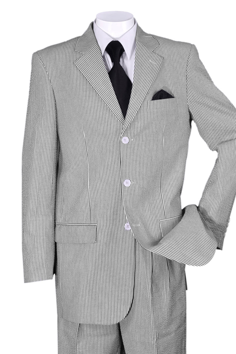"Black Seersucker Suit - Men's Classic Fit 3-Button Summer Style"