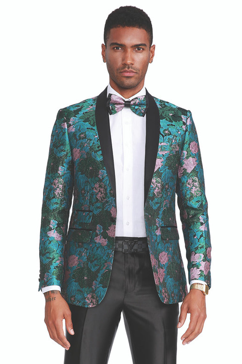 "Paisley Floral Men's Slim Fit Prom Tuxedo with Shawl Lapel - Green & Pink"
