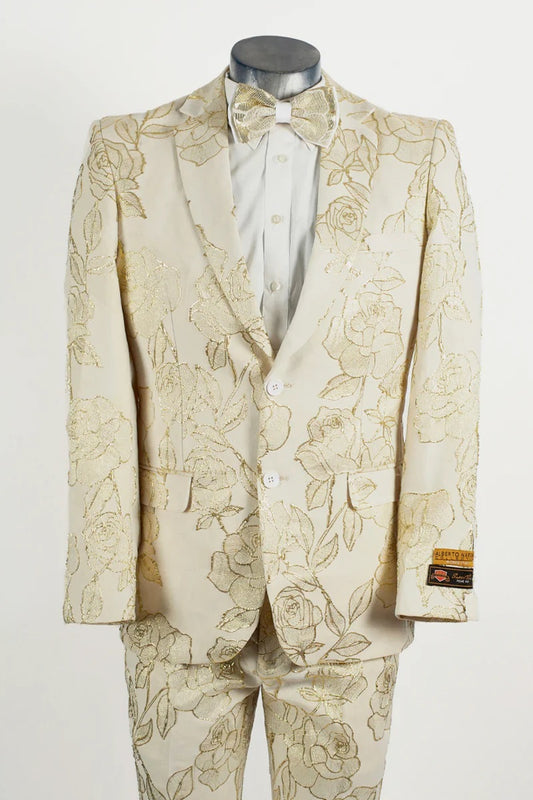 "Mens 2 Button Ivory & Gold Foil Floral Paisley Prom 2025 & Wedding Tuxedo Suit" Gold Prom 2025 Suits