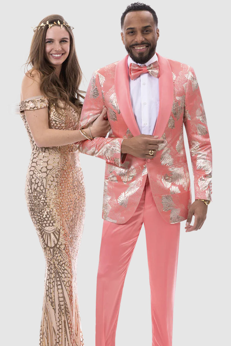 "Salmon Pink Slim Fit Men's Prom Tuxedo - Shiny Shell Print Two-Piece"