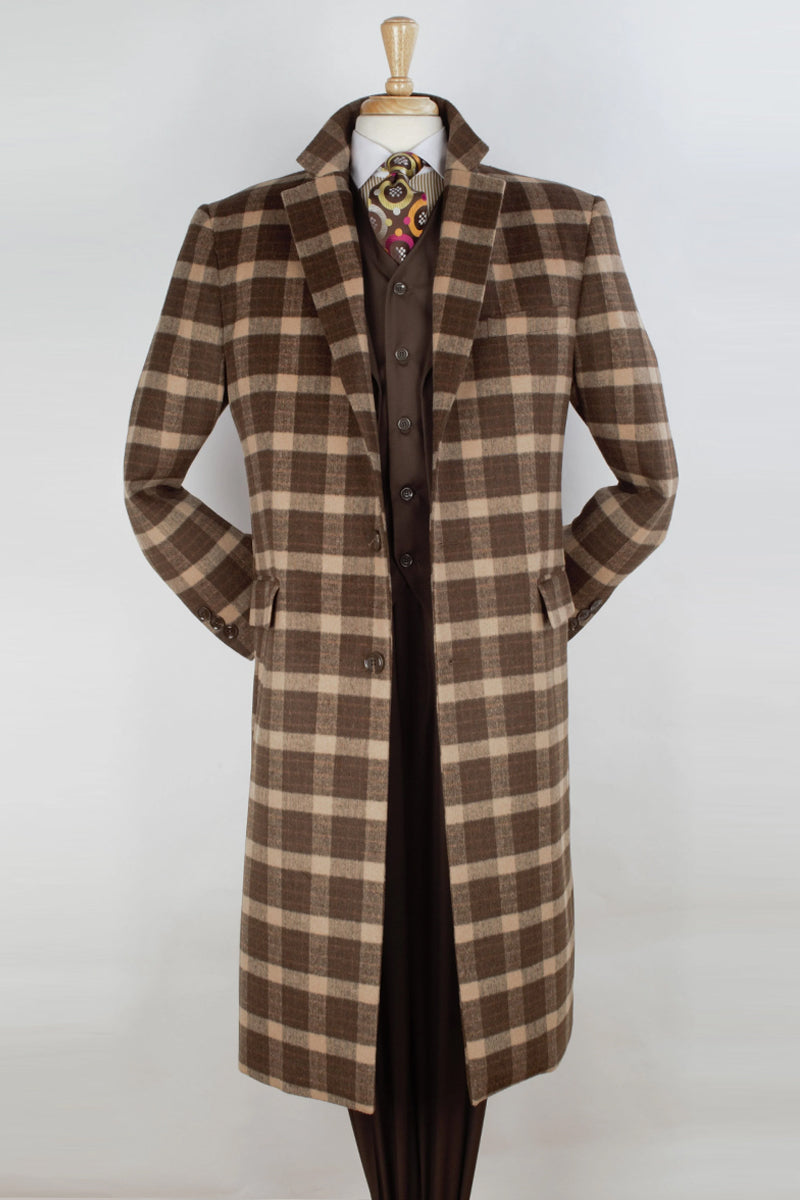 "Wool Dress Overcoat for Men - Full Length Brown Windowpane Pattern" - Small