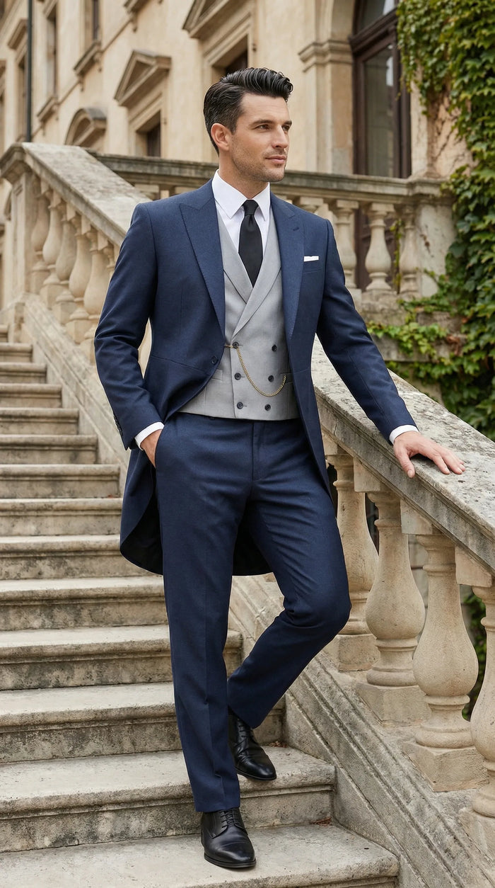 Mens Navy Blue Three Piece Formal Suit Cutaway Tuxedo Blazer Trousers for Wedding Tailcoat