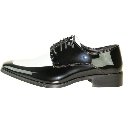 Bravo Mens Classic Moc Toe Shiny Patent Tuxedo Prom Shoe in Black & White