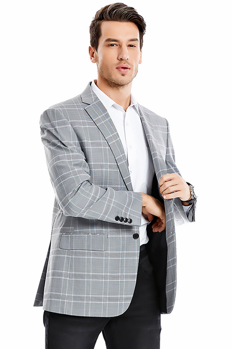 "Men's Regular Fit Double Windowpane Plaid Blazer - Two Button, Light Grey" - 34 Short