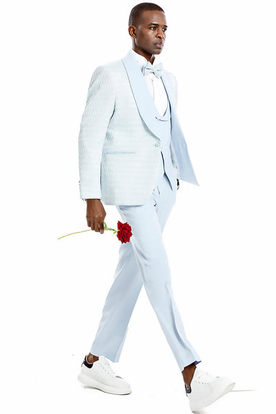 "Sky Blue Men's Wedding & Prom 2026 Tuxedo - One Button Vested Honeycomb Lace Design"