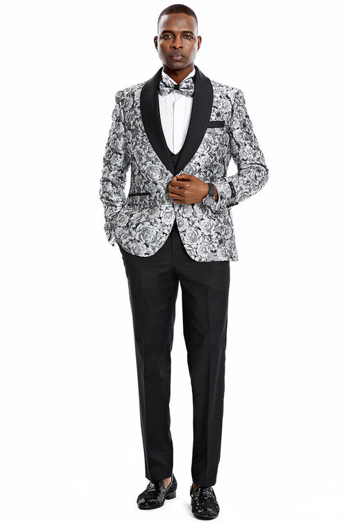 "Silver Men's Slim Fit Paisley Floral Prom 2026 Tuxedo - One Button Vested"