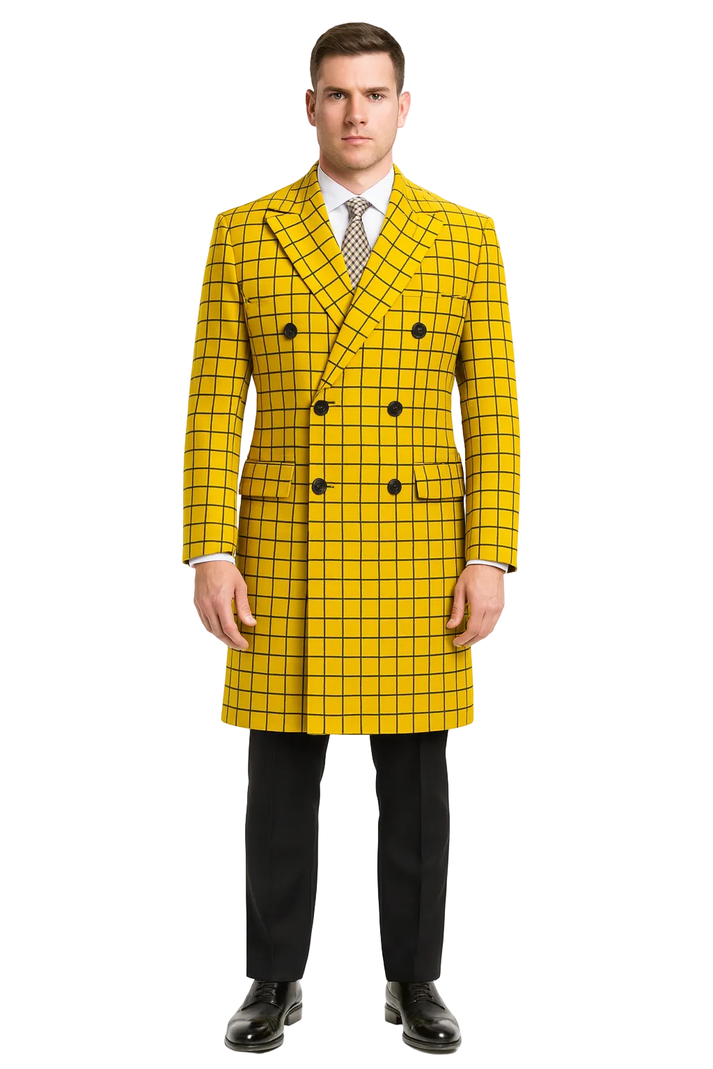 Mens Plaid Overcoat - Wool Peacoat - Plaid Topcoats Yellow - Coat Size 38