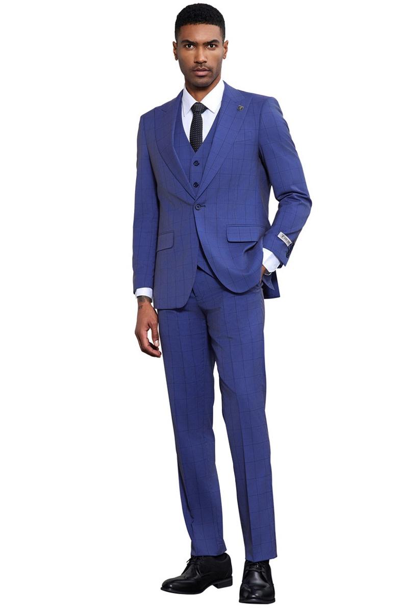 Men's Stacy Adams Modern Fit Vested Tonal Windowpane Plaid Suit in French Blue - 38 Regular