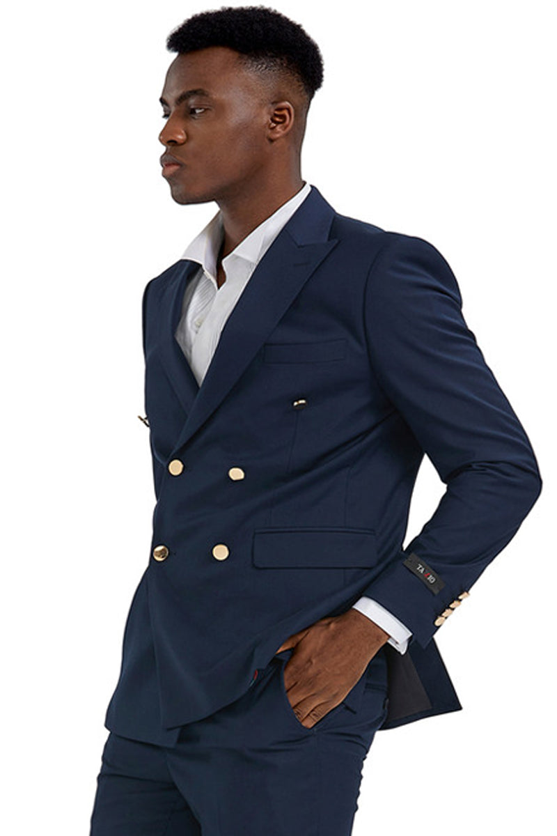 "Navy Blue Men's Slim Fit Double Breasted Wedding Suit with Gold Buttons"