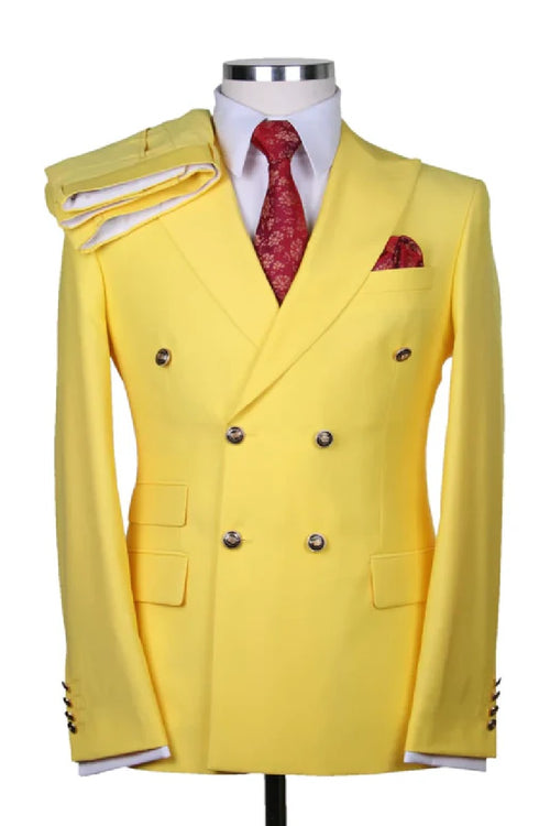 Mens Double breasted Suit - "Yellow" 1920s 1980s Style Peak Lapel Suits -Â  Back Side VentedÂ  Mens Designer Modern Fit Double Breasted Wool Suit with Gold Buttons in Yellow Rose Gold Prom Suits
