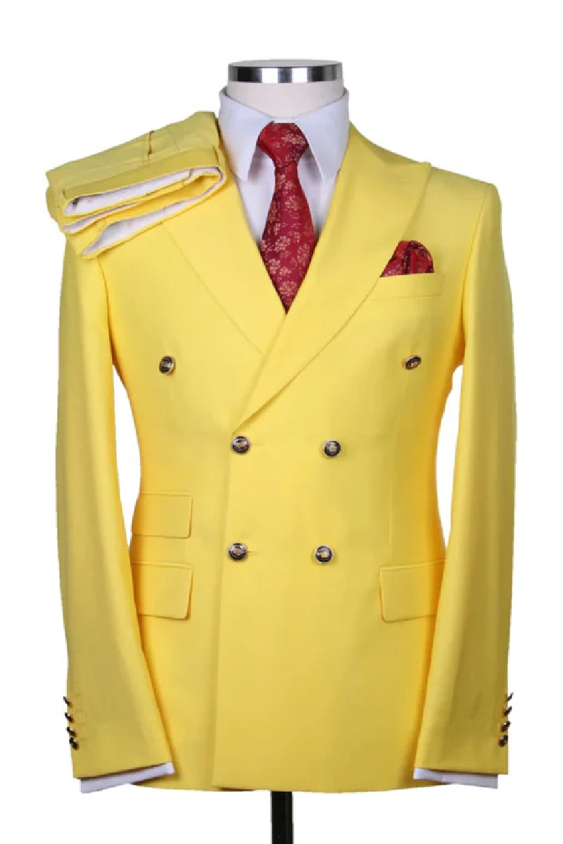 Mens Double breasted Suit - "Yellow" 1920s 1980s Style Peak Lapel Suits -  Back Side Vented  Mens Designer Modern Fit Double Breasted Wool Suit with Gold Buttons in Yellow Rose Gold Prom Suits - 36 Regular