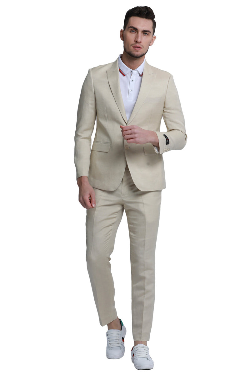 "Tan Linen Men's Beach Wedding Suit - Two Button Peak Lapel Style" - 34 Short