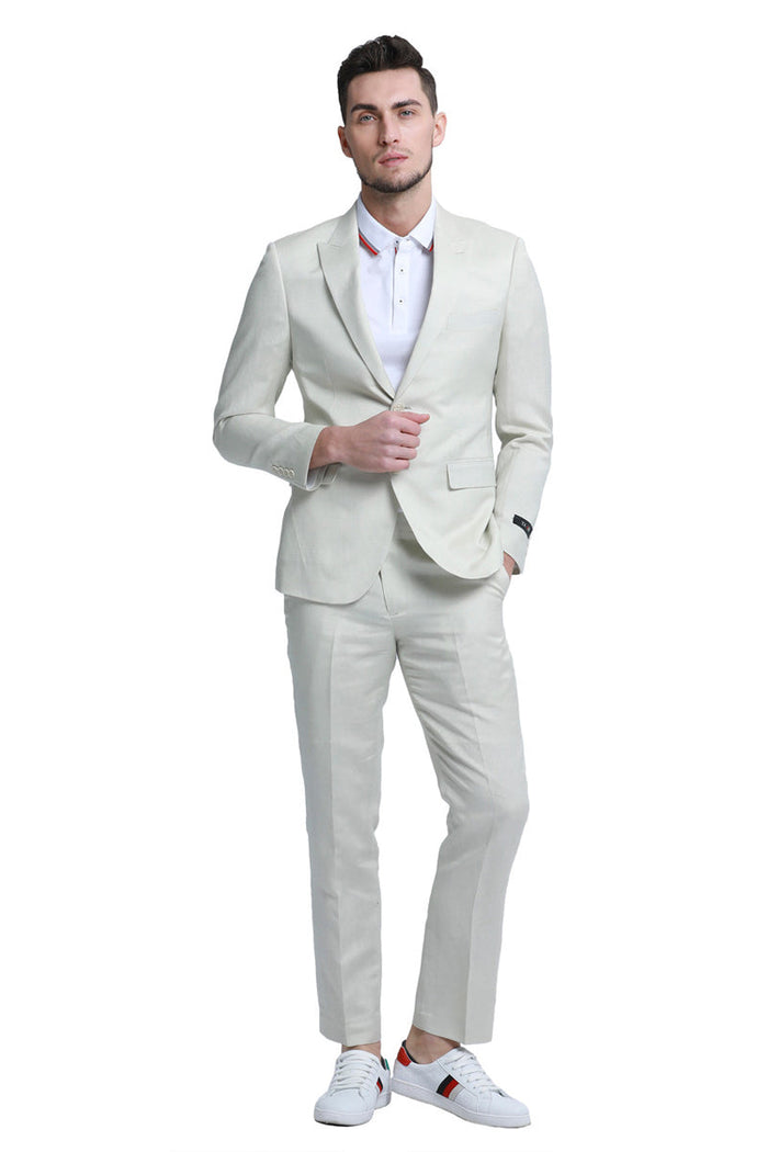 "Men's Summer Linen Beach Wedding Suit - Two Button Peak Lapel in Ivory" off white