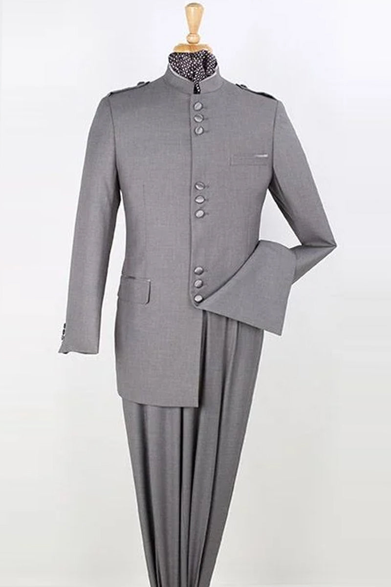 "Mens Light Grey Classic Military Mandarin Safari Suit - Banded Collar"