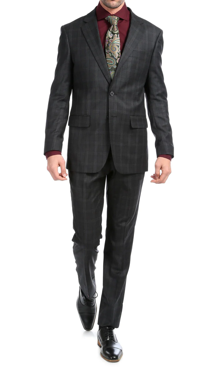 Yves Black  Plaid Check Men'S Premium 2PC Premium Wool Slim Fit Suit