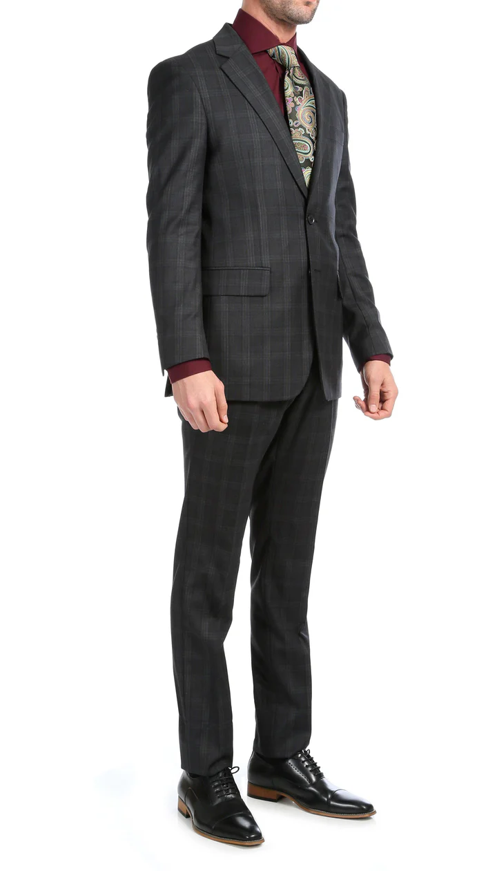 Yves Black  Plaid Check Men'S Premium 2PC Premium Wool Slim Fit Suit