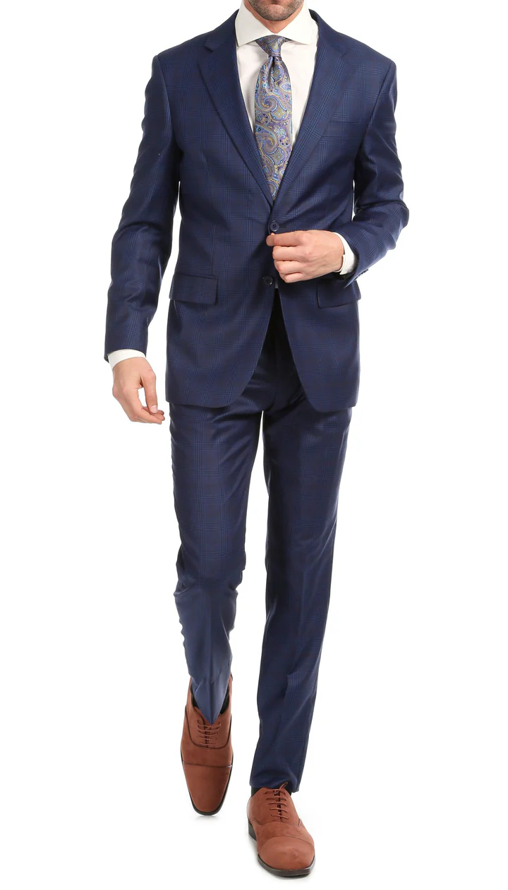 Yves Blue  Plaid Check Men'S Premium 2PC Premium Wool Slim Fit Suit
