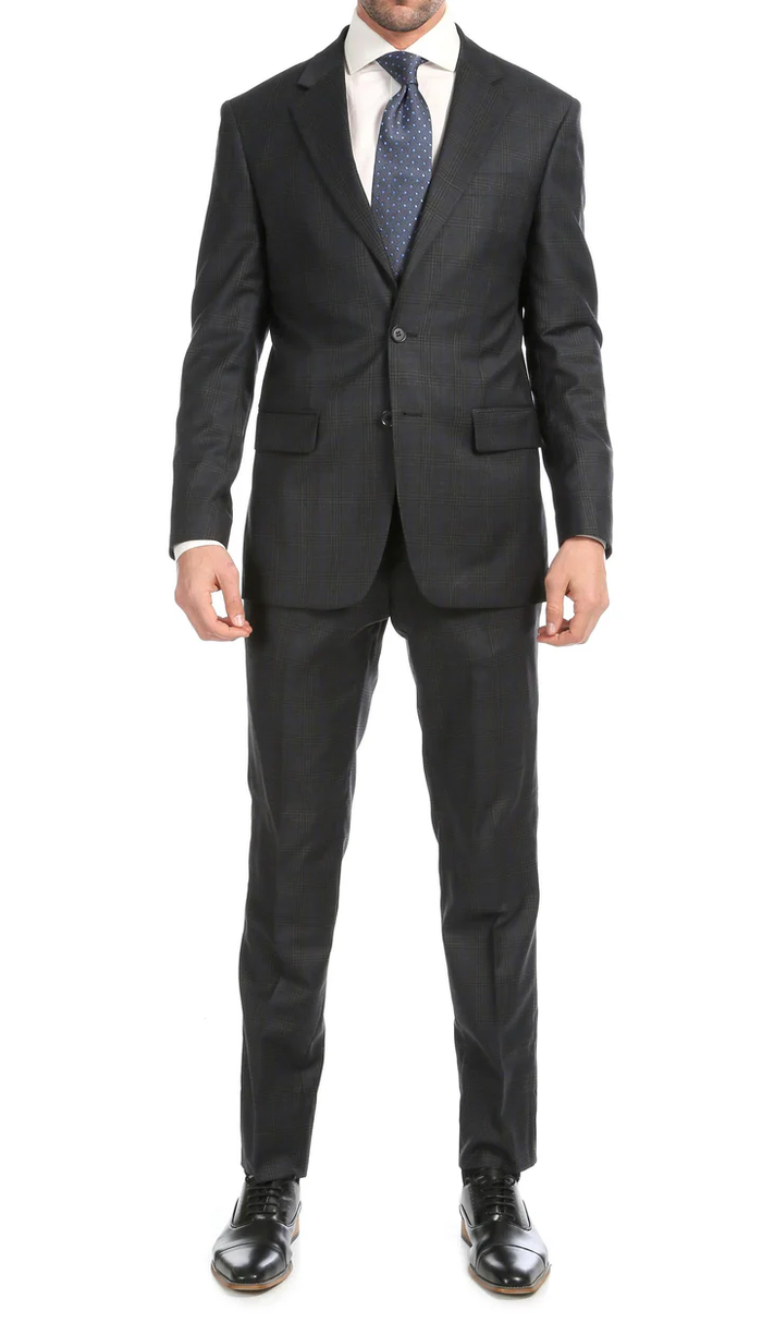 Yves Grey Plaid Check Men'S Premium 2PC Premium Wool Slim Fit Suit