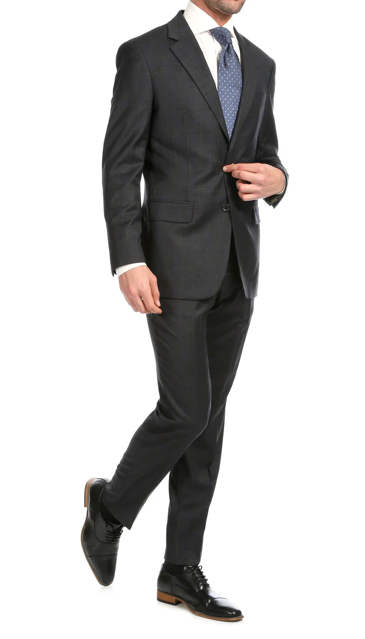 Yves Grey Plaid Check Men'S Premium 2PC Premium Wool Slim Fit Suit