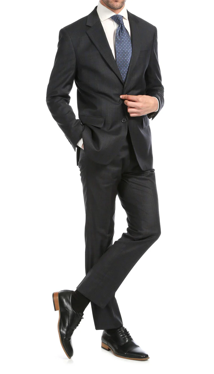 Yves Grey Plaid Check Men'S Premium 2PC Premium Wool Slim Fit Suit