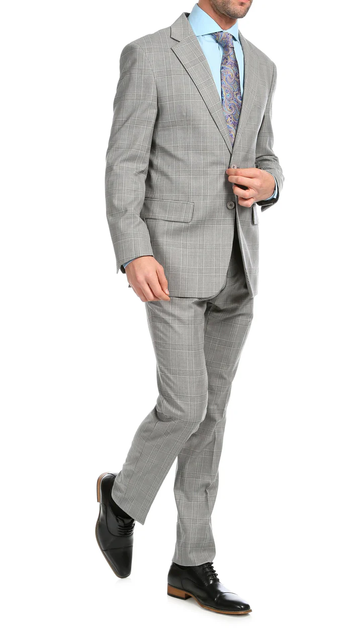 Yves Light  Grey  Plaid Check Men'S Premium 2PC Premium Wool Slim Fit Suit